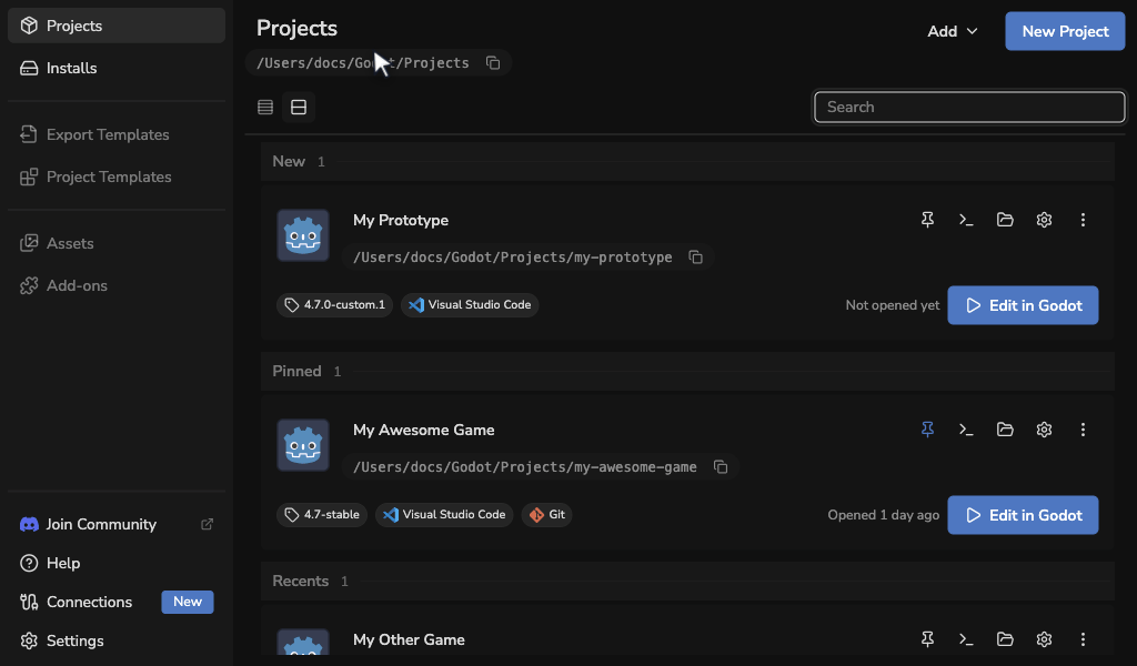 Creating a Godot project in Godot Launcher