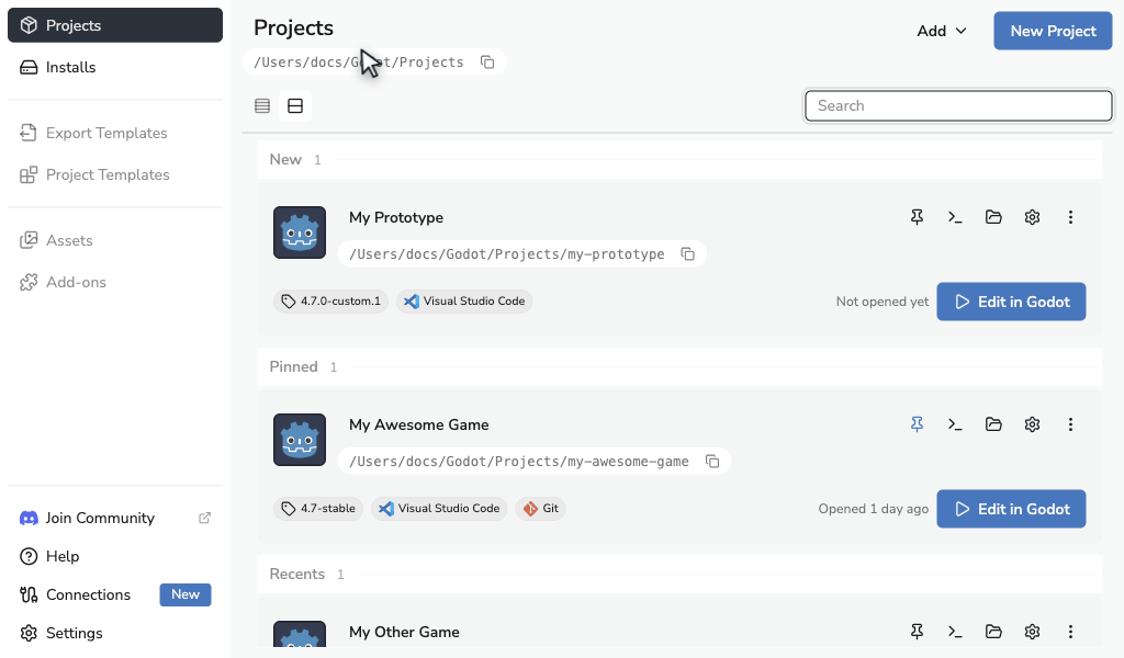 Creating a Godot project in Godot Launcher