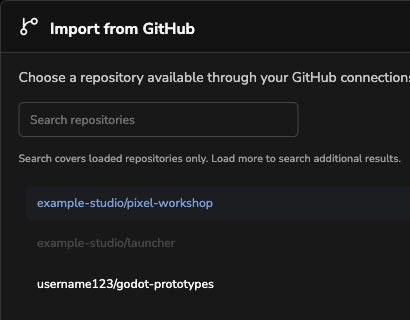 Import from GitHub dialog with a selected repository