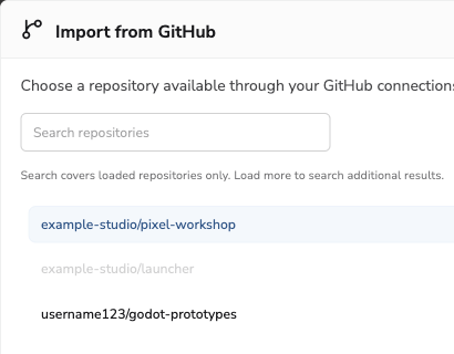 Import from GitHub dialog with a selected repository