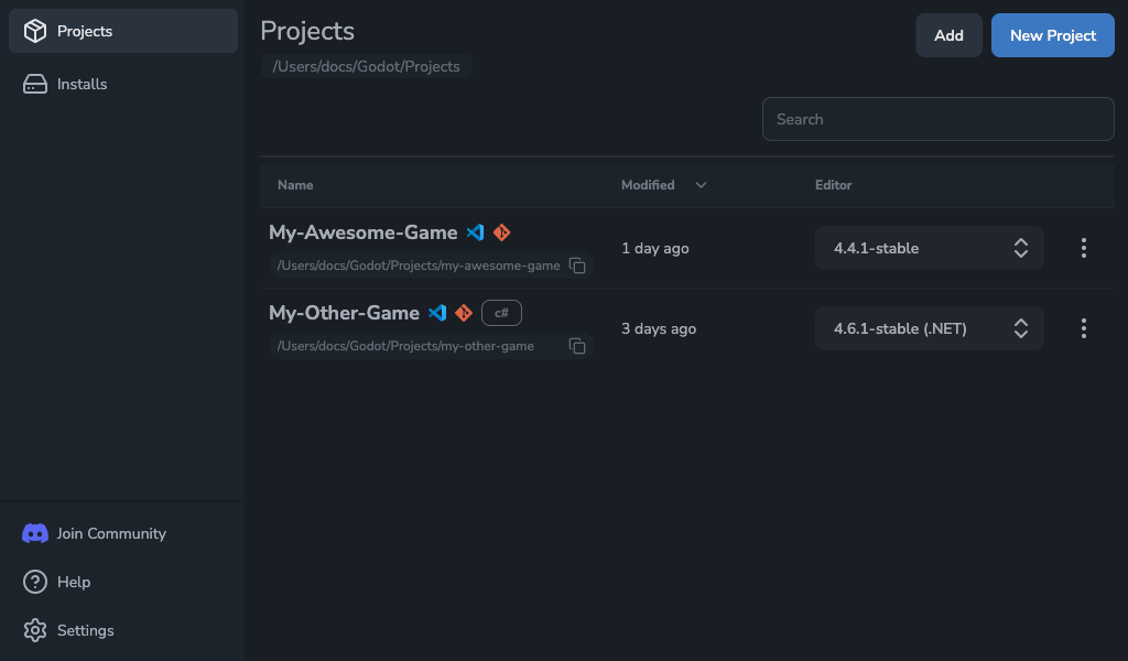Screenshot of Godot Launcher